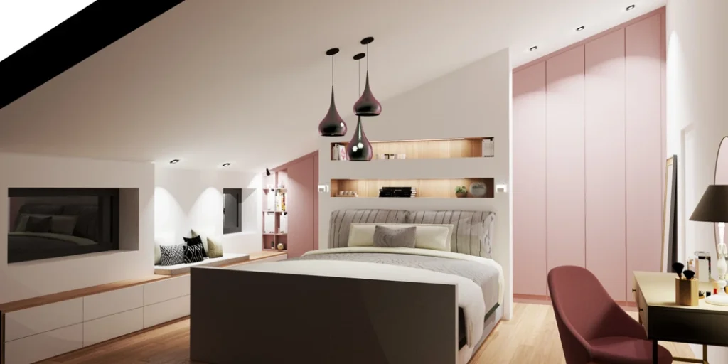 Une chambre totalement aménager par Isabel Rose Design avec le lit au centre et un bureau sur la droite
