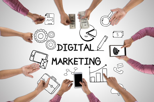 Tableau avec des dessins d'éléments liés au marketing digital.