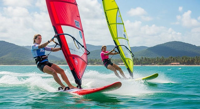 Deux femmes pratiquent la planche à voile sur une mer turquoise, avec des voiles rouge et jaune. Les vagues et les éclaboussures illustrent la vitesse et le mouvement. En arrière-plan, on aperçoit des montagnes verdoyantes sous un ciel bleu nuageux. L’image évoque le sport, la liberté, l’aventure et les vacances d’été.